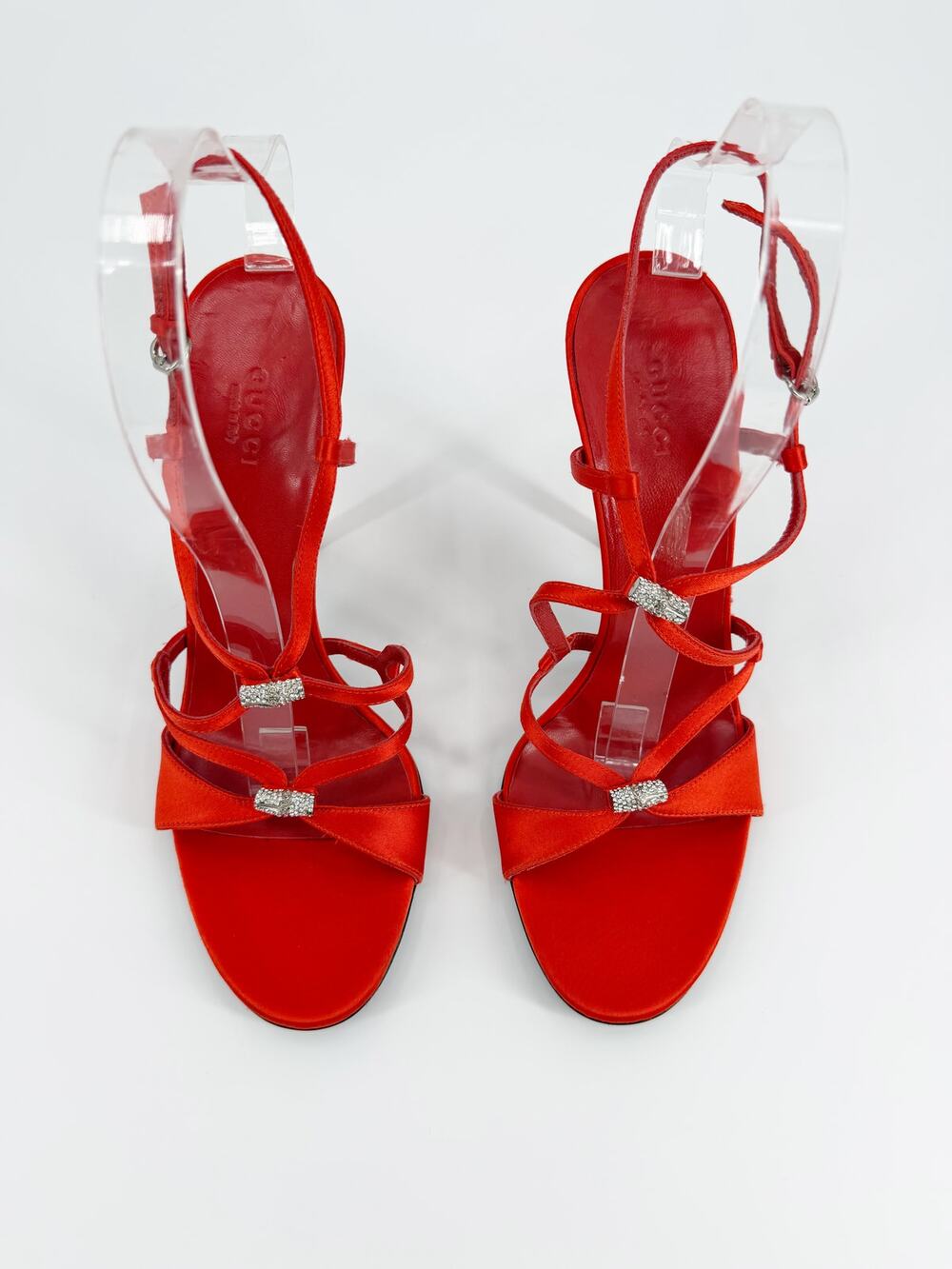 Gucci Red Satin Crystal Embellished Slingback Strappy Stiletto Sandals 8.5 38.5
